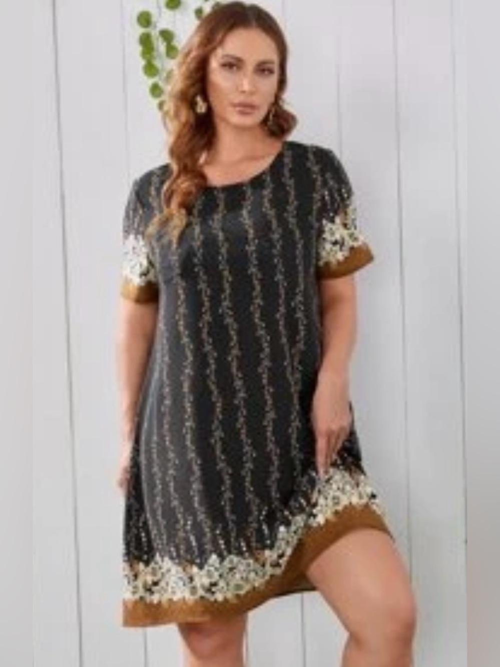 SHEIN Black Floral-Trim Short Sleeve Midi Dress 2xl